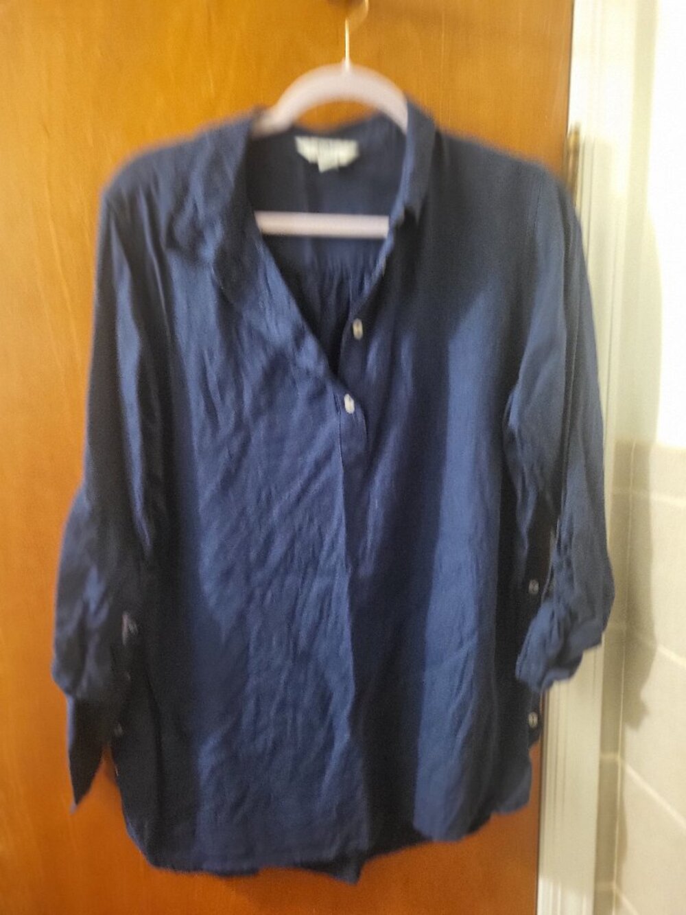Croft & Barrow Navy Blue Linen Blend Roll-Tab Sleeve Button-Front Tunic (Size L)